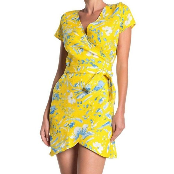 Love Ady Yellow Floral Faux Wrap Mini Dress - Picture 1 of 6